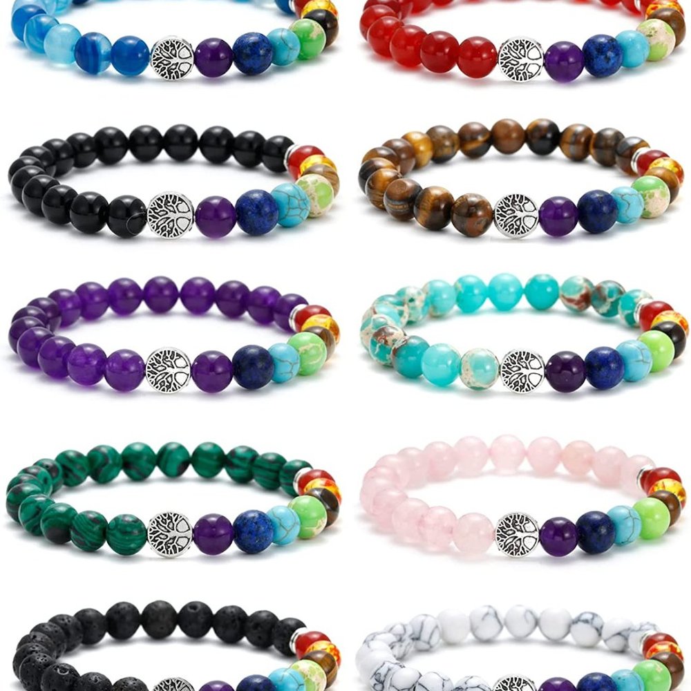 New 10Pcs Tree of Life Healing Crystals Bracelet - 7 Chakra Semi Precious Stones